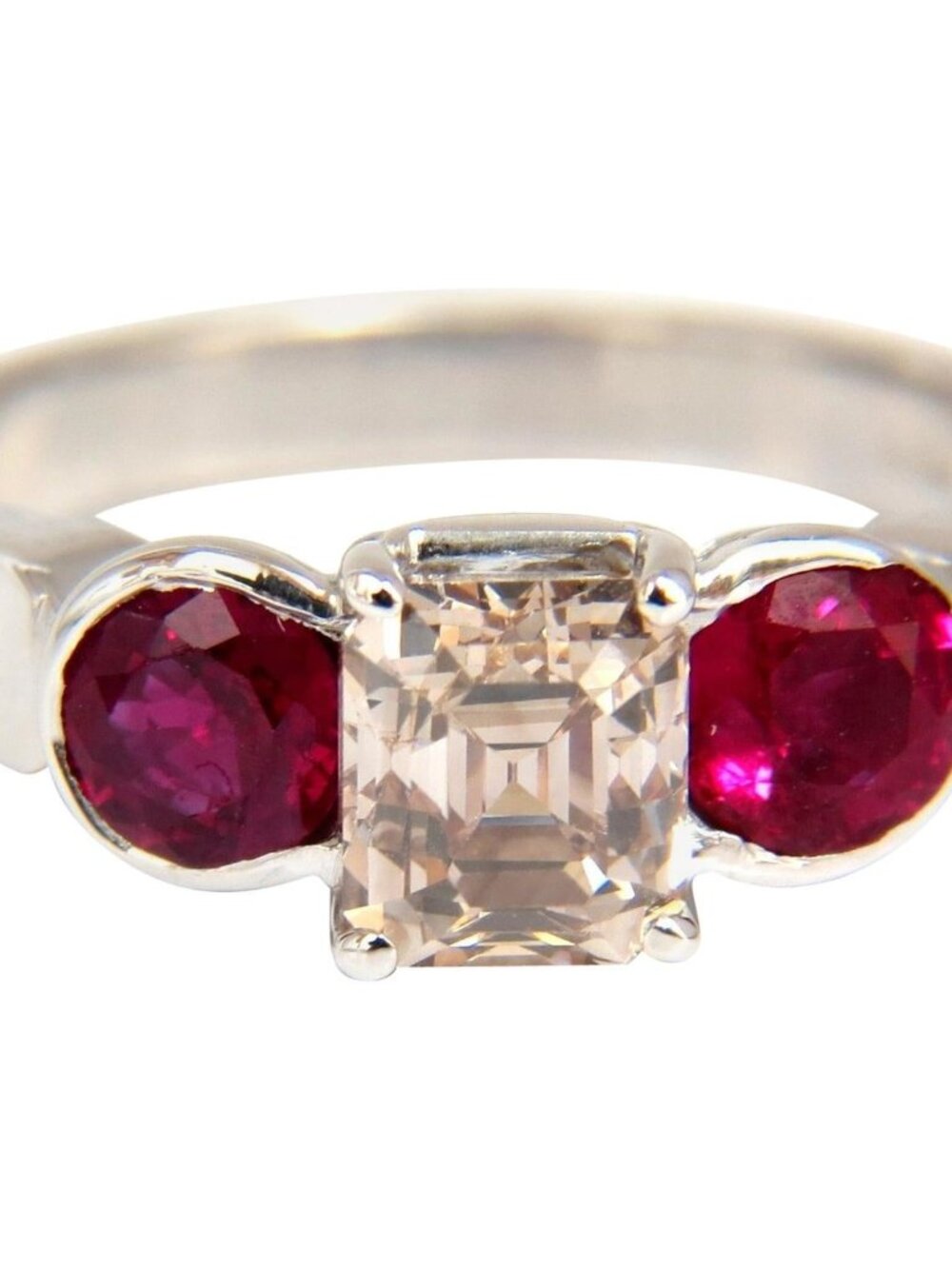 2.46CT Natural fancy color light brown diamond ruby ring 18kt. Three Stone*